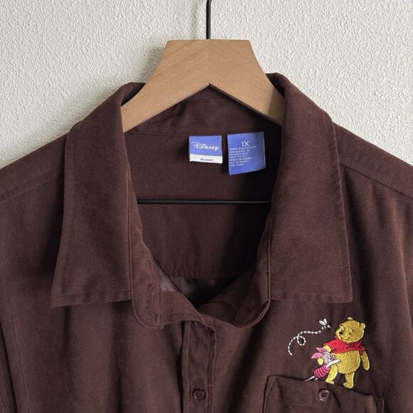 Vintage Disney Top Womens 1X Brown Button Up Shirt Winnie The Pooh Embroidered - Picture 5 of 12